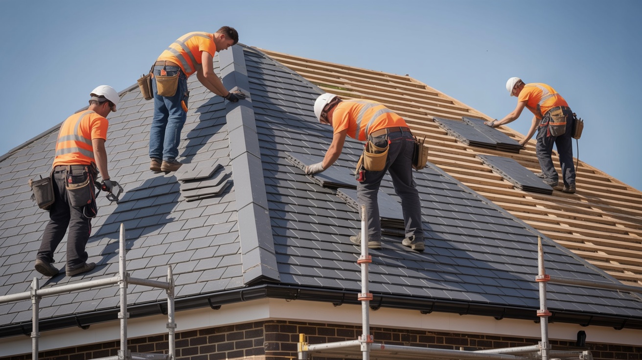 Professional roofers installing a residential roof