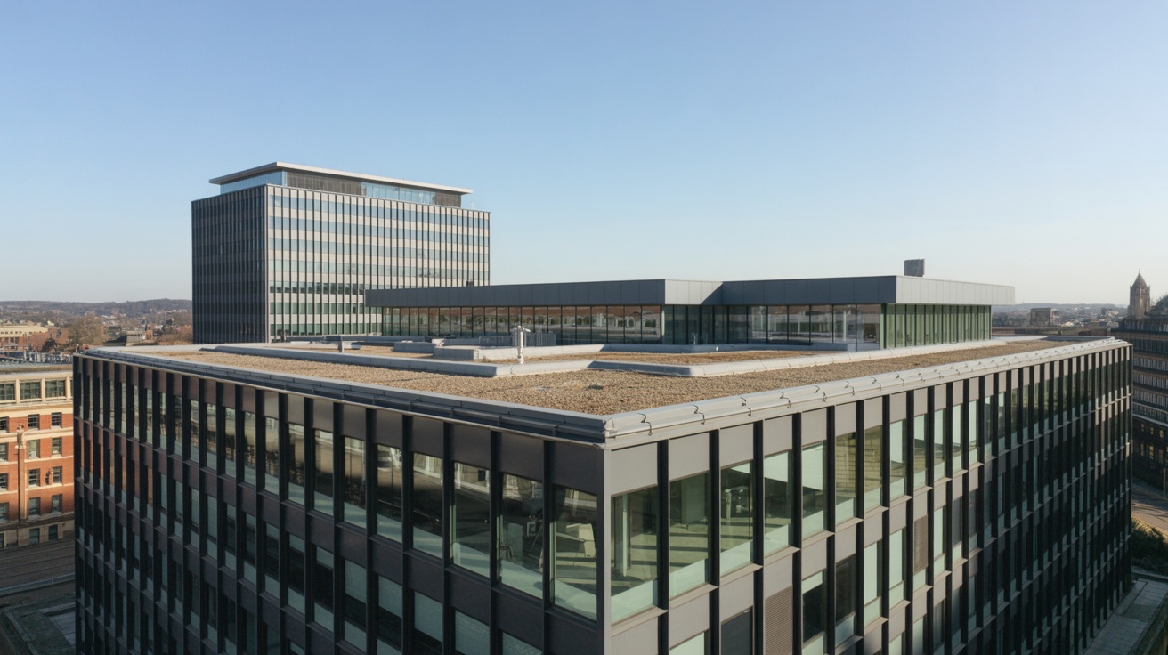 Modern commercial building with contemporary roofing