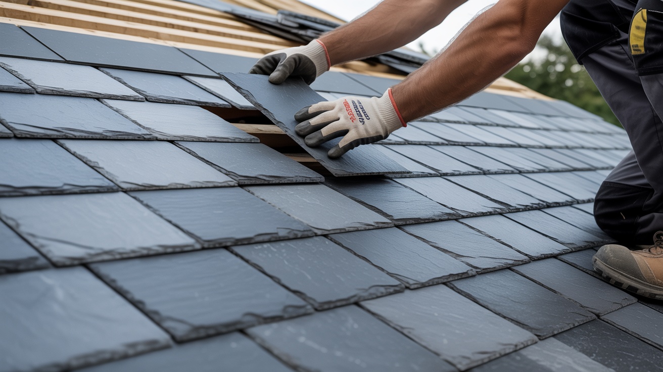 Close-up of quality slate tiles being installed