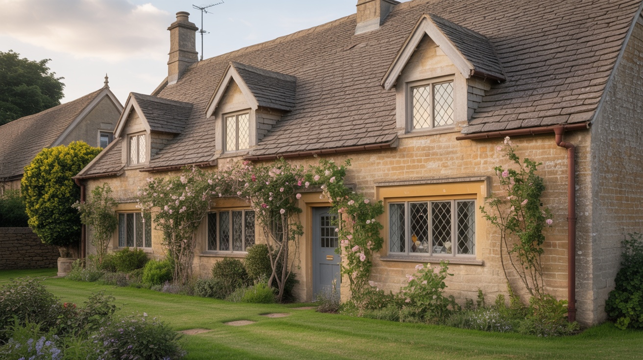 Traditional English cottage with beautiful slate roof
