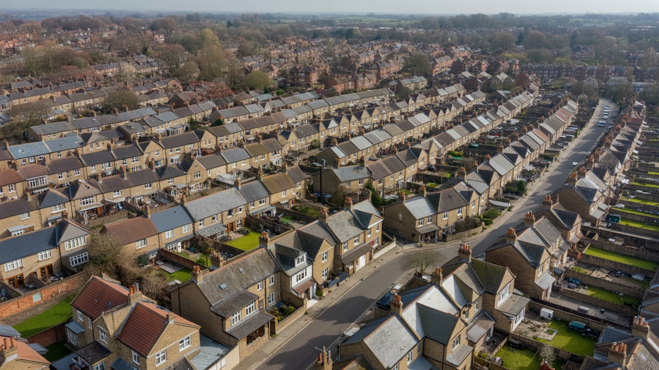 Aerial view of British residential rooftops