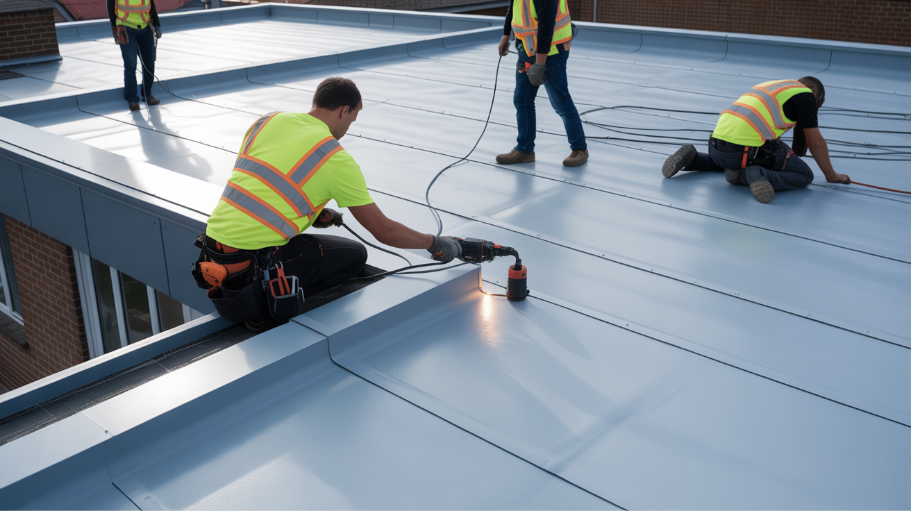 Workers installing a commercial flat roof membrane