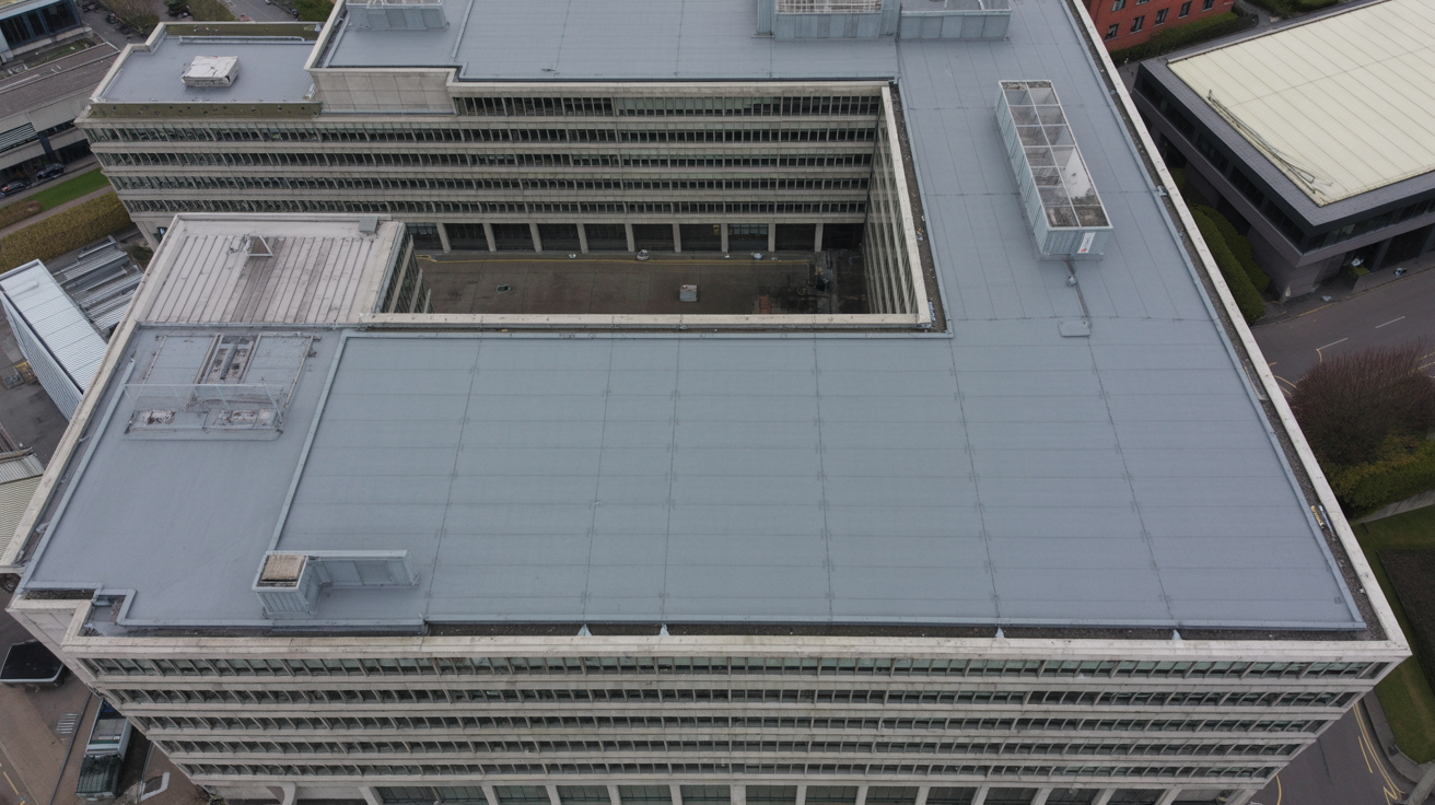 Aerial view of completed commercial roof