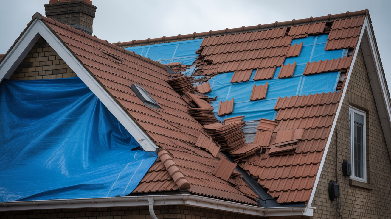 Storm-damaged roof with missing tiles and tarping