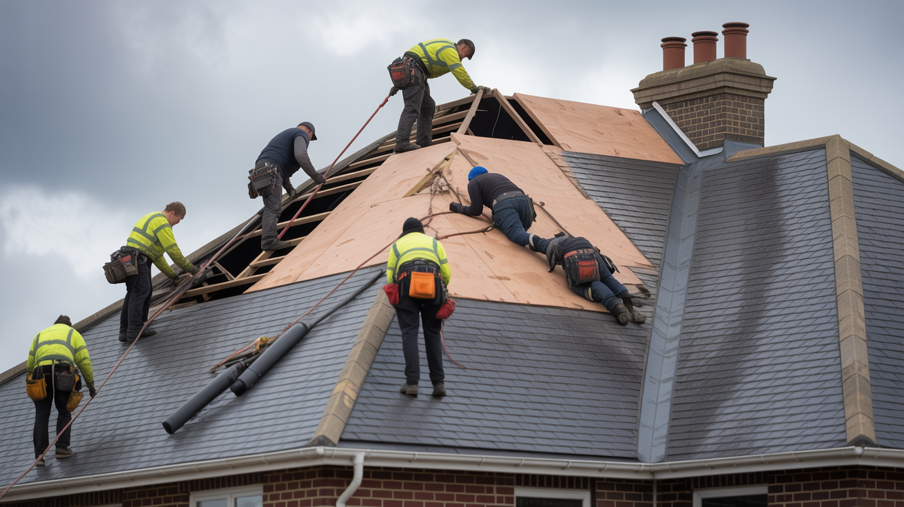 Emergency roof repair work in progress
