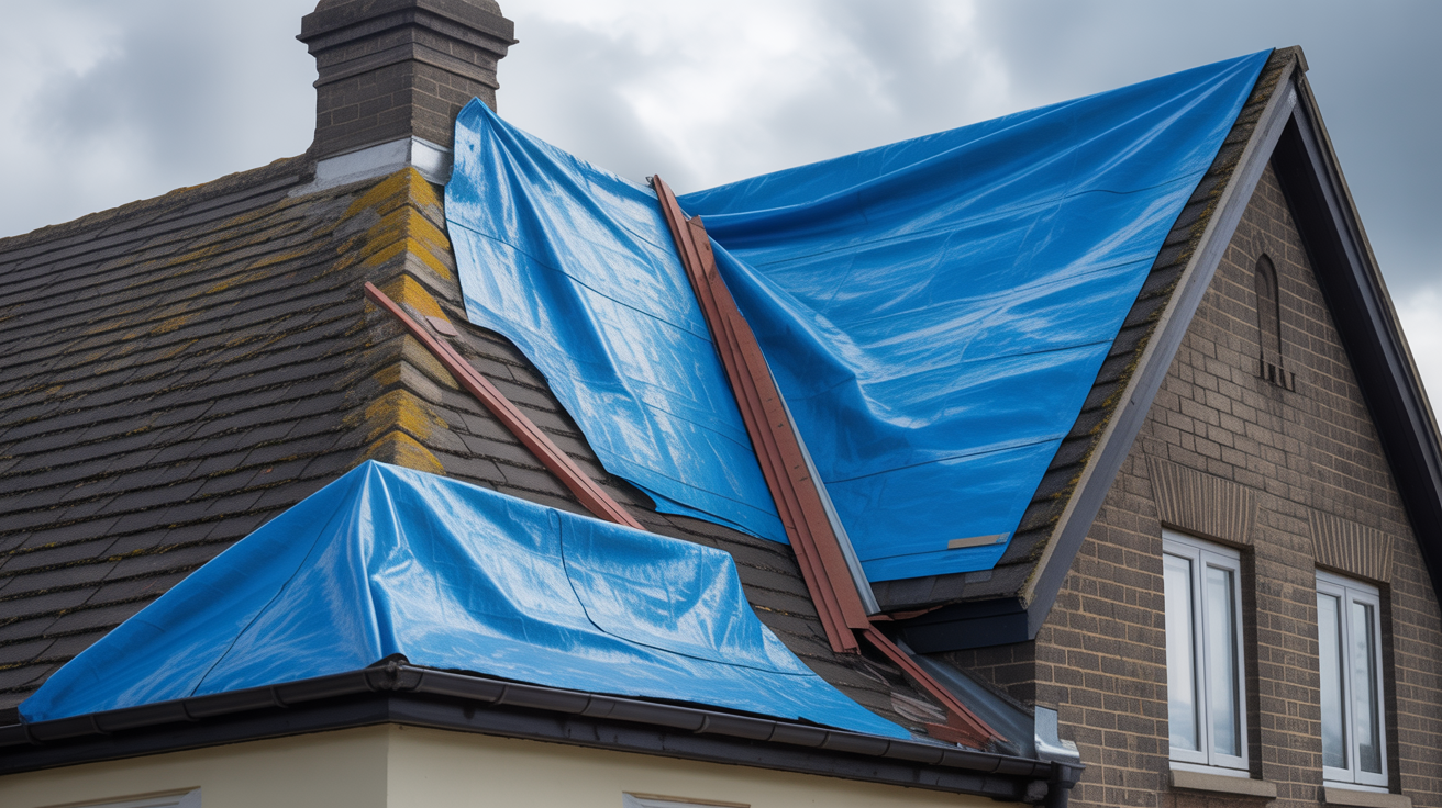 Emergency tarpaulin covering roof damage