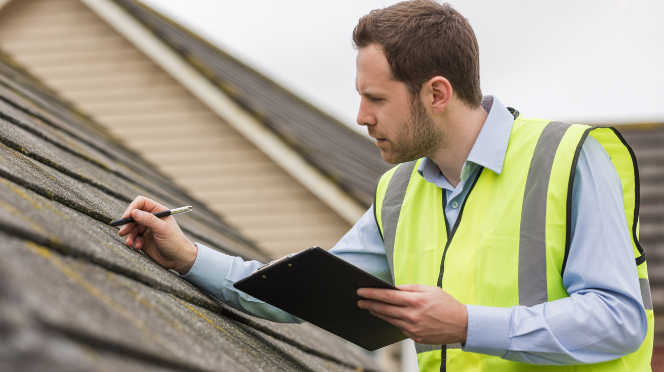 Roof surveyor inspecting a residential roof with clipboard