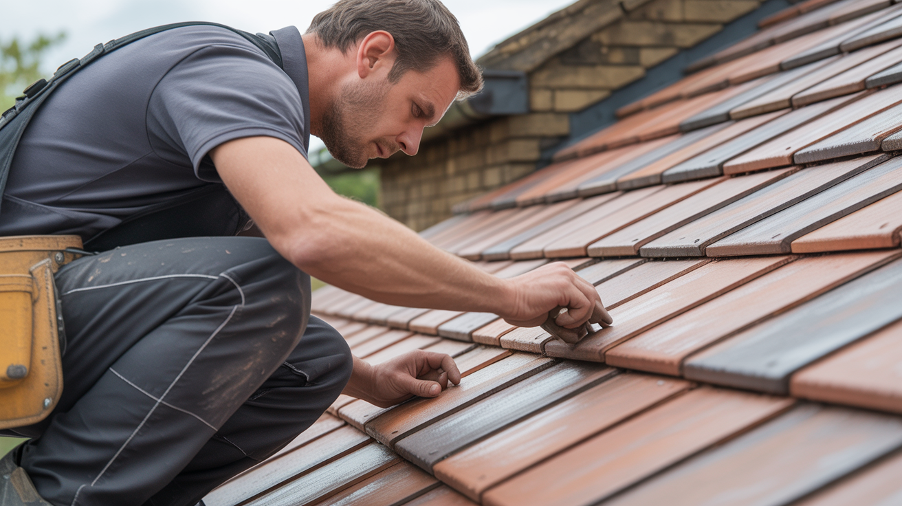 Close-up of a roofer examining roof tile condition