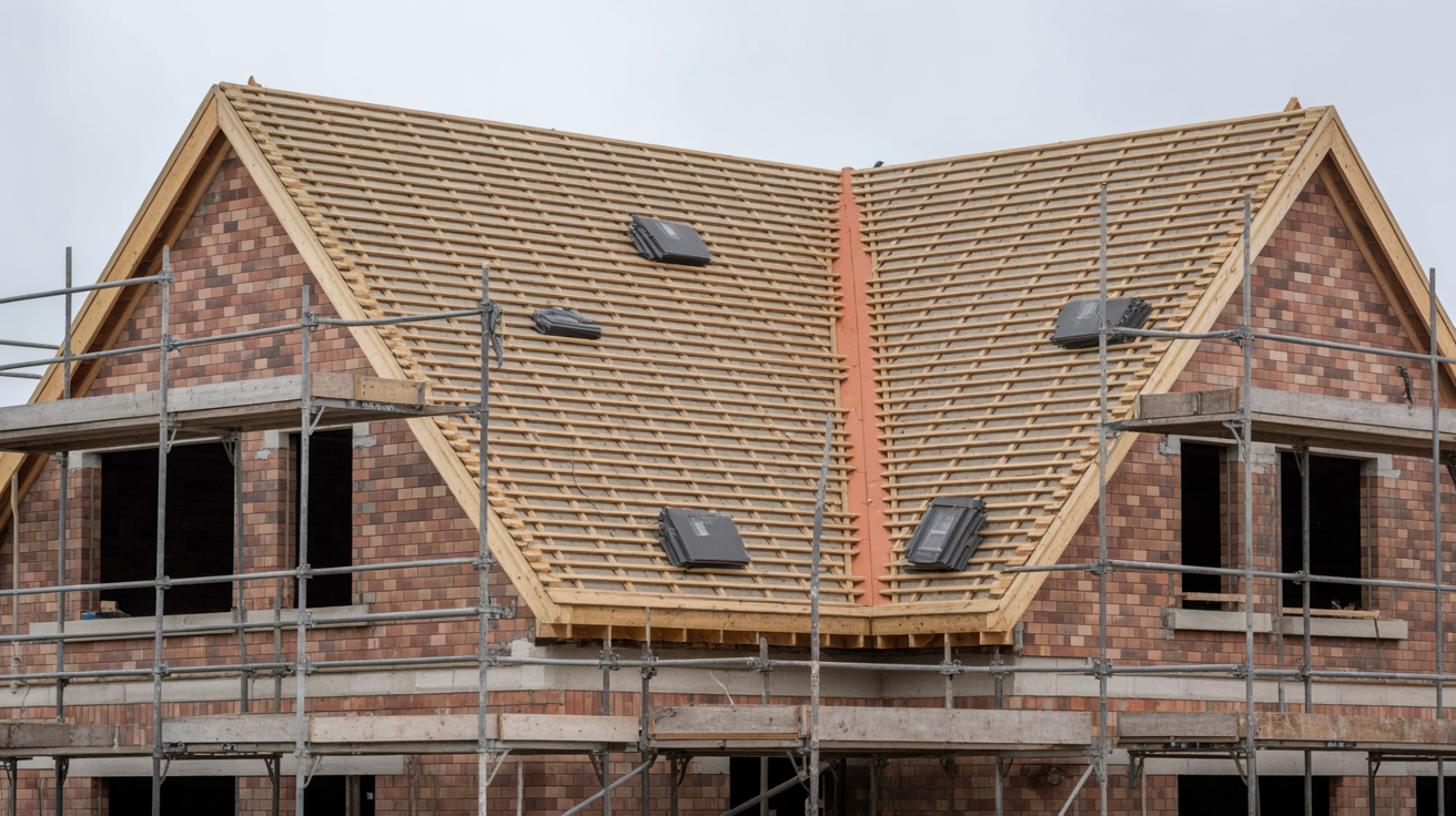 New roof being installed on a house under construction