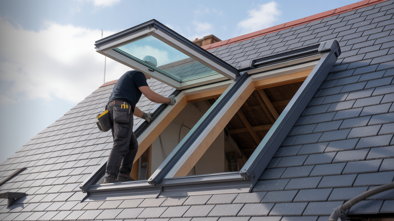 Velux skylight window being installed on a roof