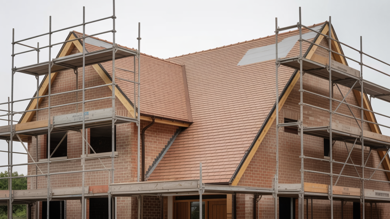 New build house with scaffolding and fresh roof tiles