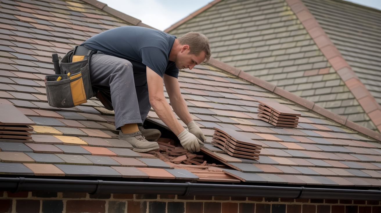 Roofer repairing broken tiles on a residential roof