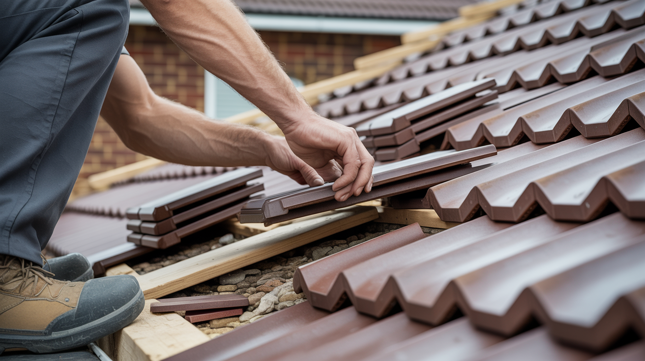 Close-up of damaged roof tiles being replaced