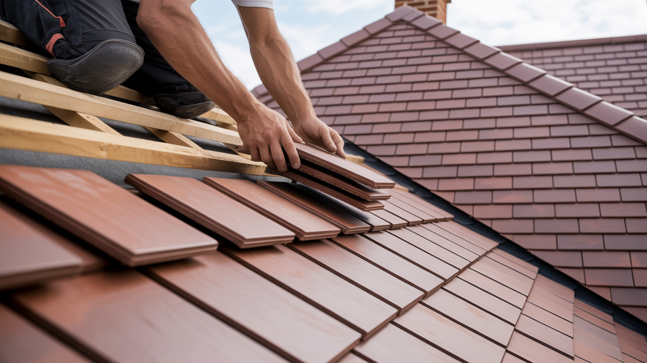 Close-up of quality roof tiles being laid on a UK home